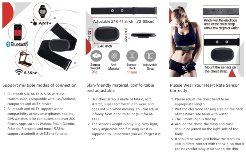 Rechargeable Heart Rate Monitor Chest Strap 5.3 kHz/Bluetooth 5.0/ANT